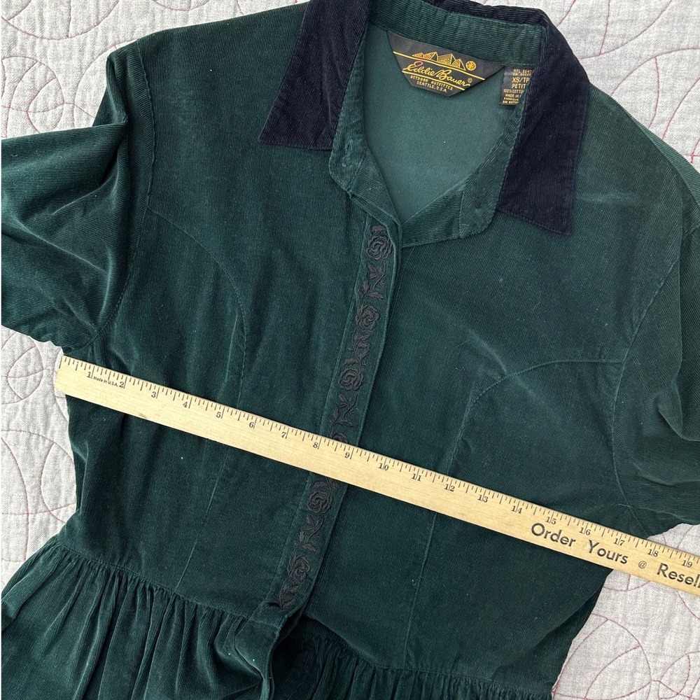 VTG Eddie Bauer Corduroy Dress Green Embroidered Button Front / Women's XS P - Picture 7 of 10